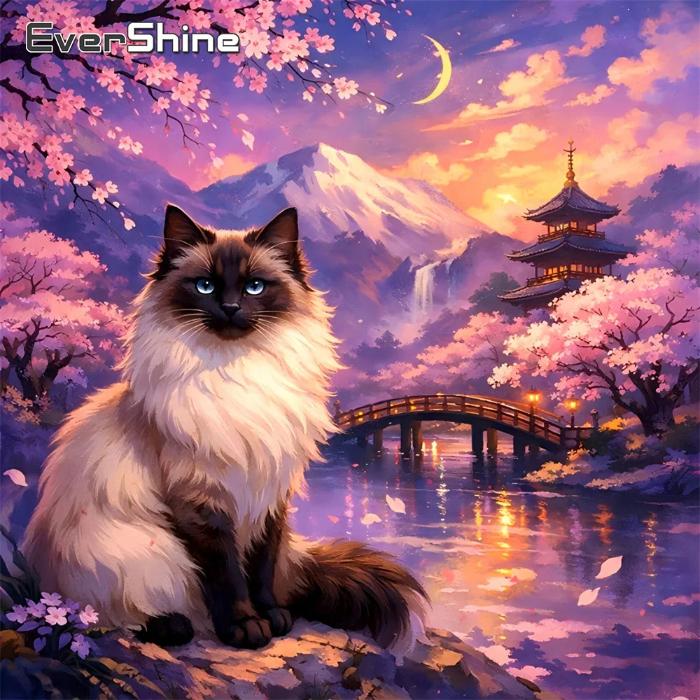 EverShine Diamantmalerei Landschaft Berglandschaft Vollflächige Stickerei Kirschblüten Strass-Bild Mosaik Katze Handgemachtes Hobby