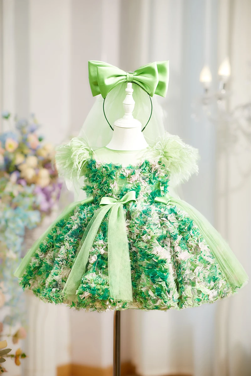 Girl's Green Mesh Dress Flying Sleeve 2026 New Arrival Flower Girl European and American Mori Princess Style Baby's Lush Dress