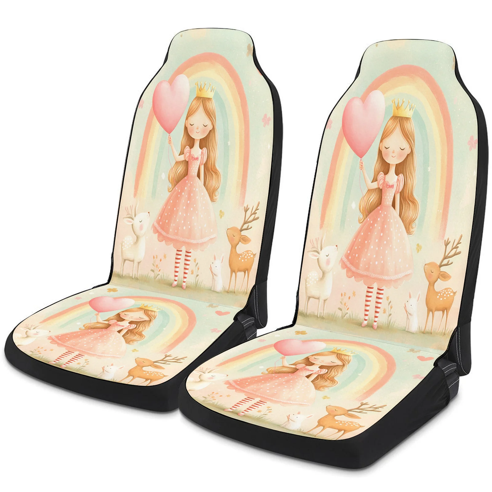 Princess Heart Rainbow Themed Car Seat Cover Set For Most Cars Trucks, Trendy Breathable Car Seat Protector Covers Full Set, Uni