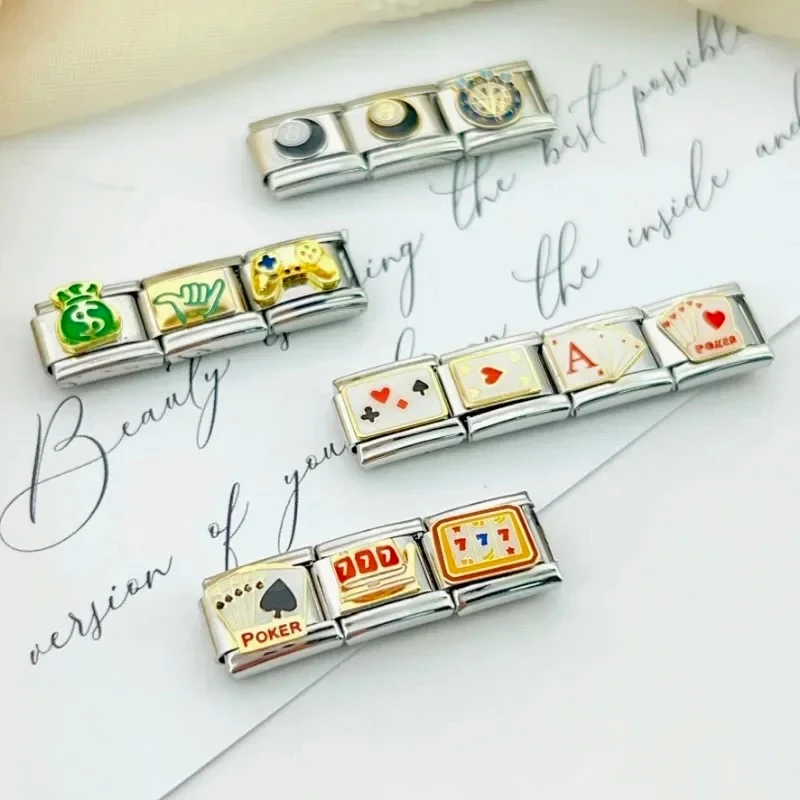 2025 Women Fashion Chess and Card Modular Italian Charms Links Fit 9mm Stainless Steel Elastic Bracelet DIY Making Jewelry