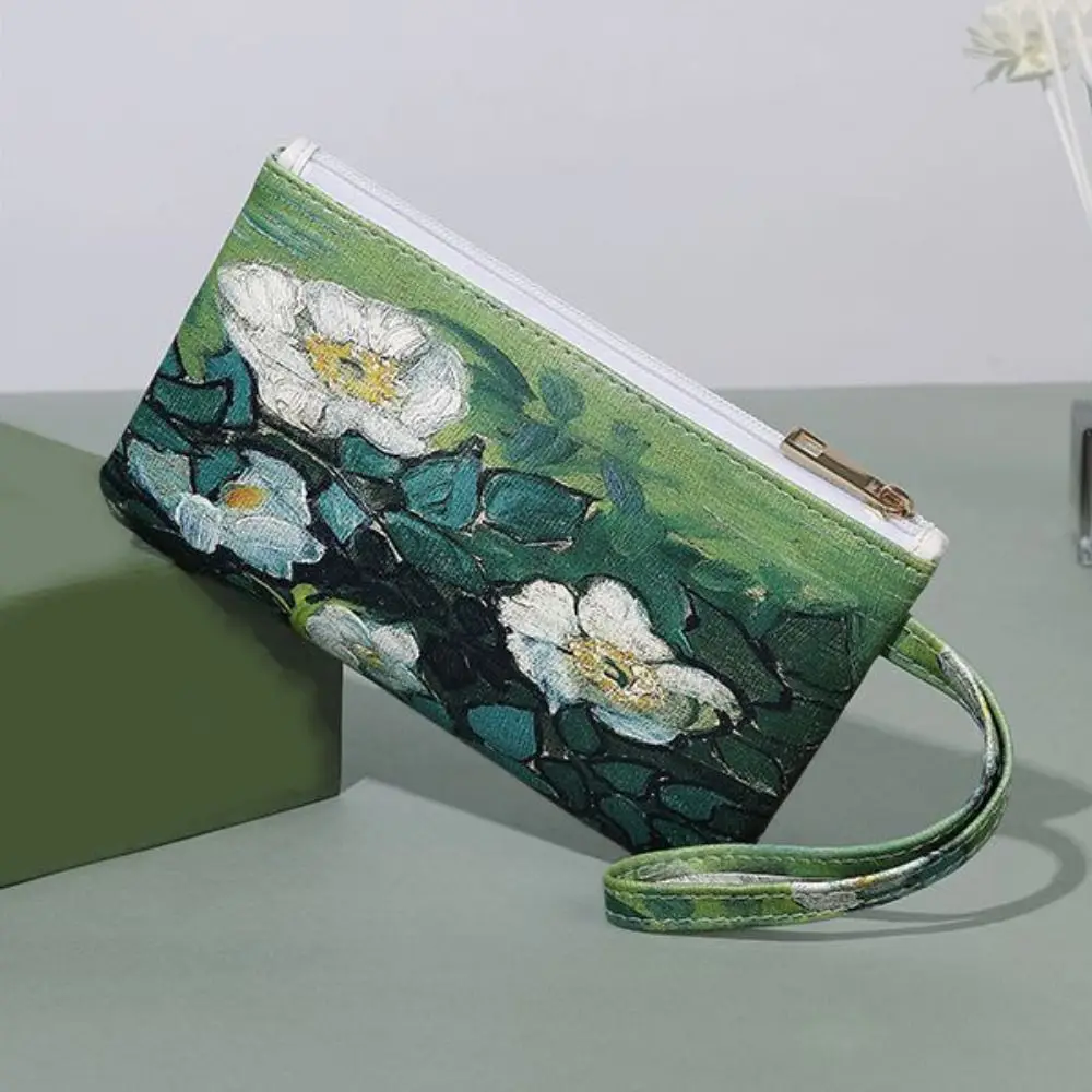 Zipper PU Leather Coin Purse Wallet Rectangle With Lanyard Makeup Lipstick Bag Card Holder Ins Style Korean Flower Wrist Handbag