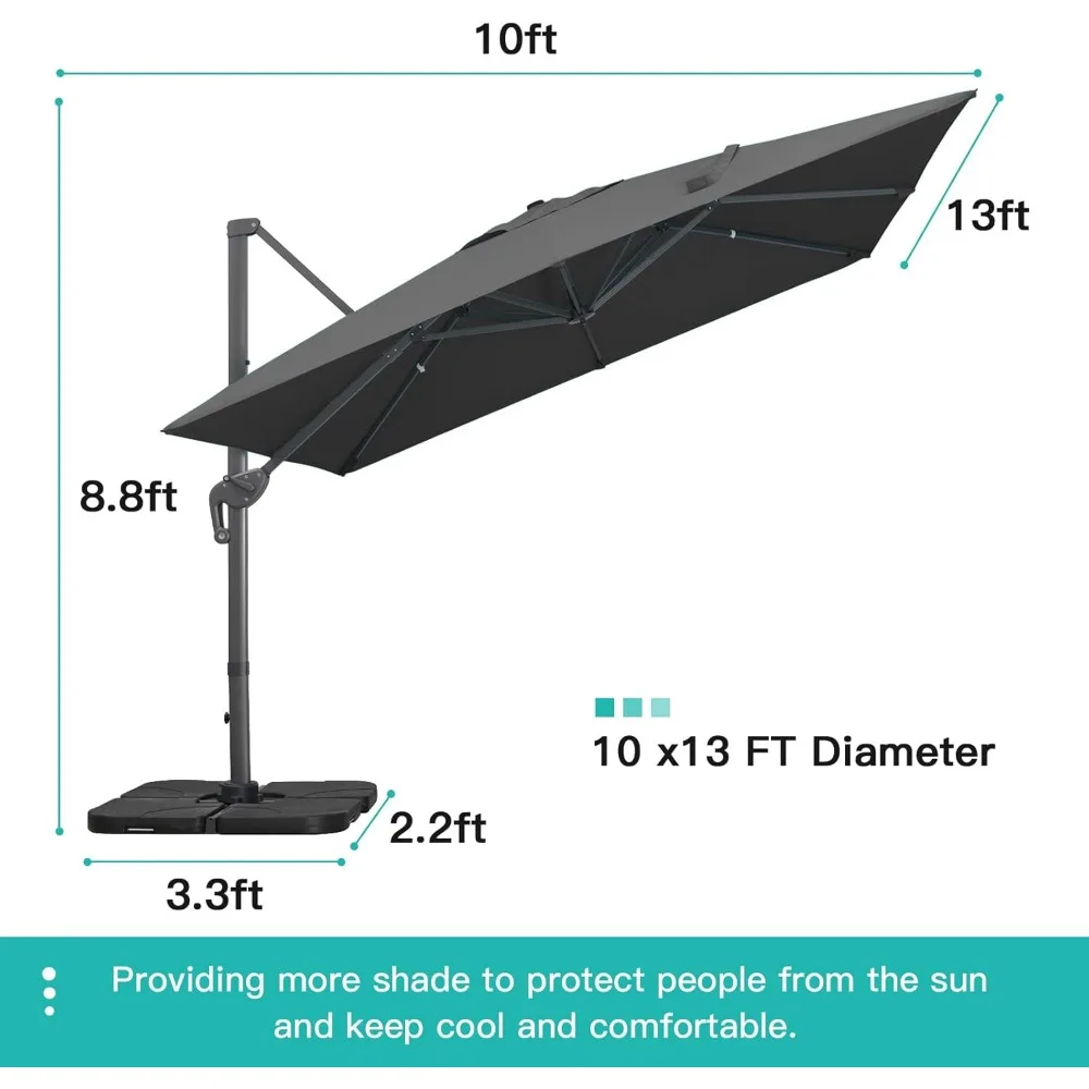 10x13Ft Cantilever Patio Umbrella Rectangular Deluxe Offset Umbrella 360°Rotation & Integrated Tilting System Patio Hanging Umb