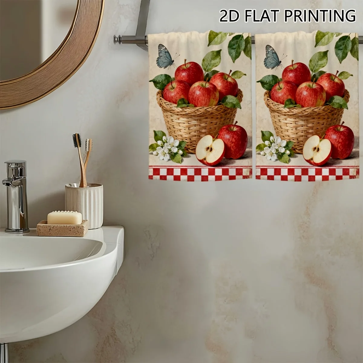 Cleaning cloth 2 PCs kitchen towel, red checked apple basket pattern