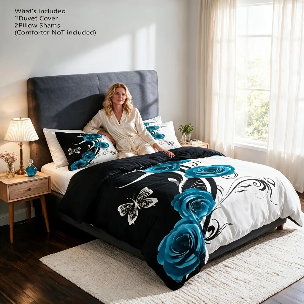 Floral Digital Print Duvet Cover Set AB Version Double-Sided Blue Rose Quilt Cover with Pillowcases