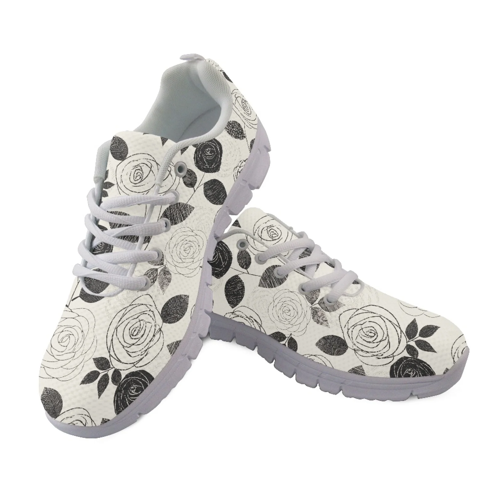 Coloranimal Black And White Rose Running Shoes Athletic Trainers for Women Breathable Running Tennis Shoes