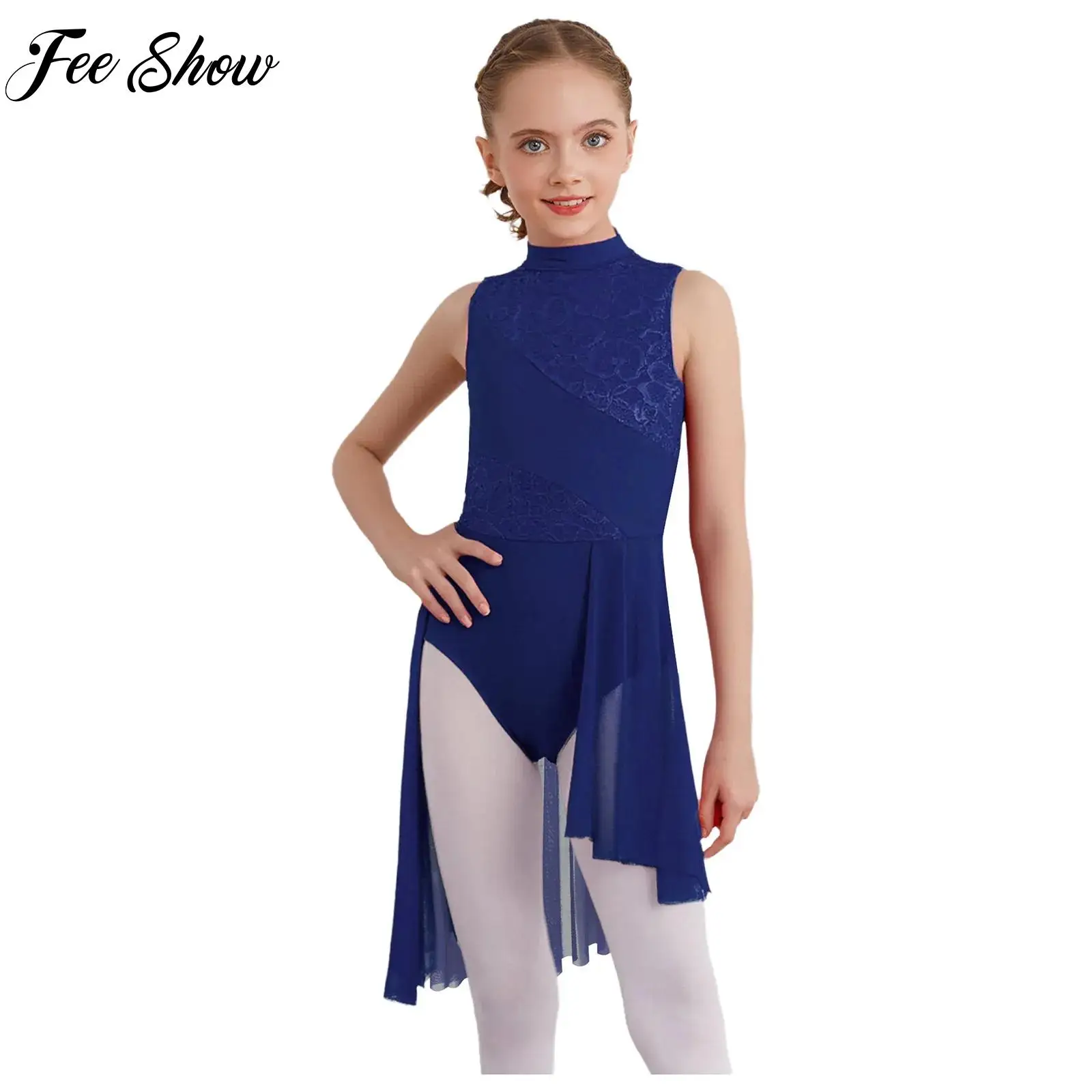 

Children Girls Lyrical Dress Modern Dance Costume Sleeveless Floral Lace Asymmetrical Hem Dress for Figure Skating Performance