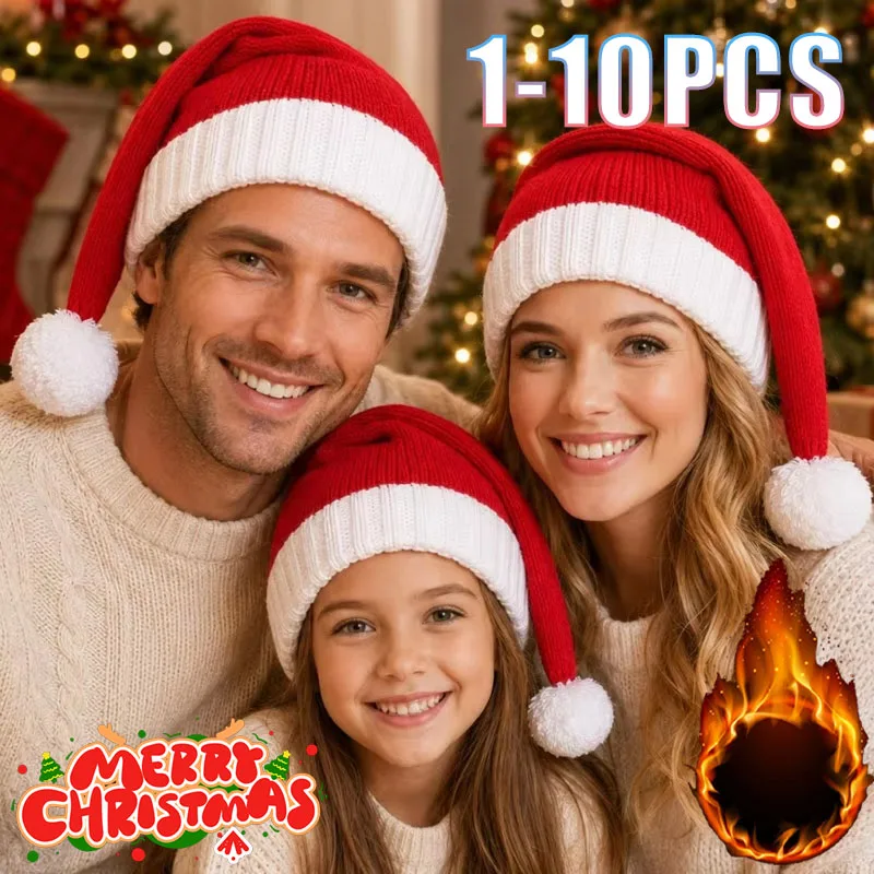 1-0PCS Knit Warm Cozy Thick Soft Santa Hat Mom Baby Matching Winter Party Costume Photo Family Tree Fireplace Window Display