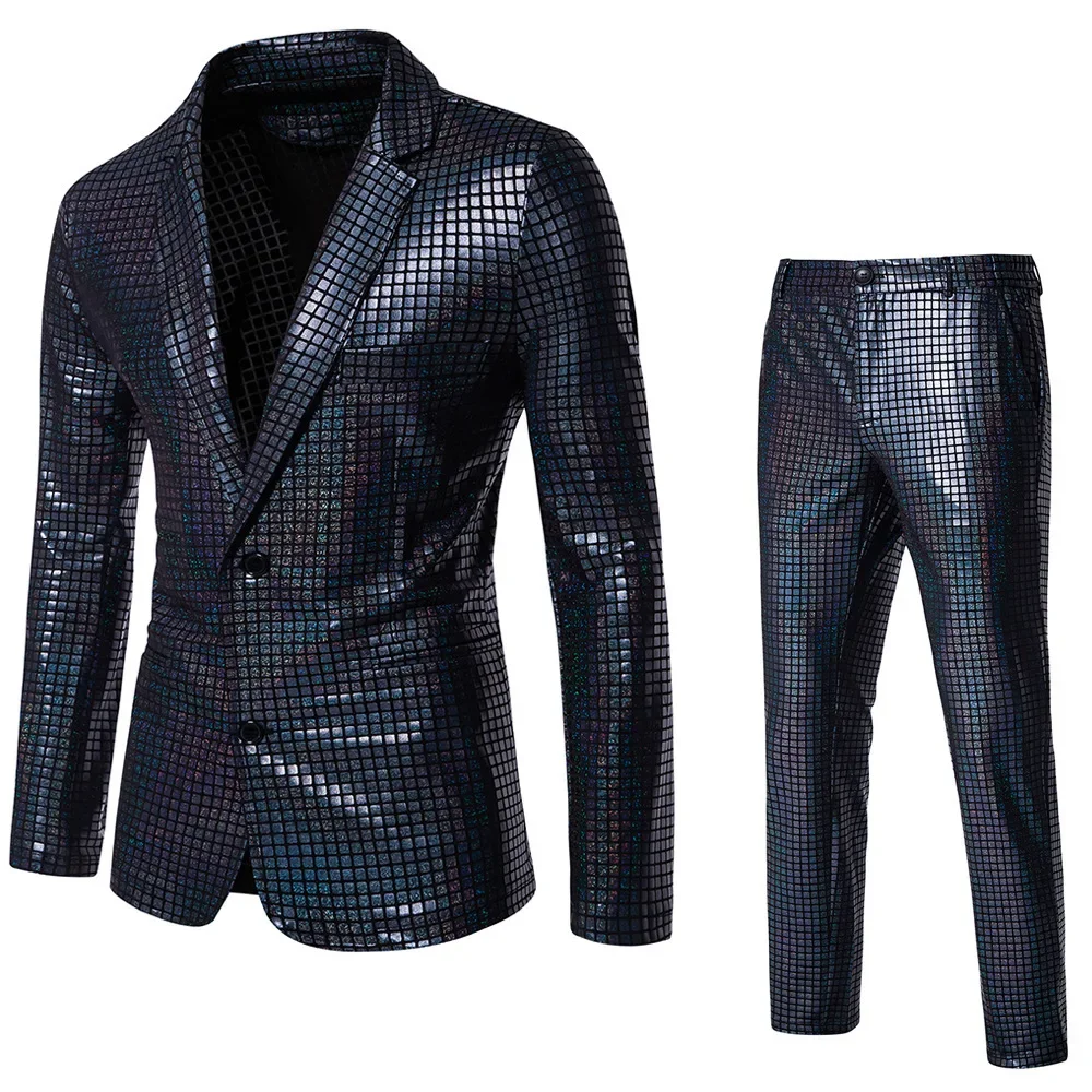 Men's Rainbow Sequin Disco Suit Metallic Sequin 2 Piece Set Shiny Grid Pattern Blazer and Pants for Party Stage Halloween Set