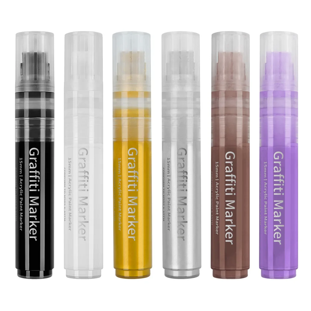 Acrylic Paint Marker Set 15mm Flat Nib Water Based Pigment For Stone Wood Paper Hand Drawing Crafting Art Supplies