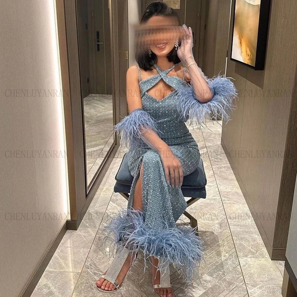 Feather Formal Occasion Dresses 2024 Shinny Mermaid Party Dress Sleeveless Sexy Customized Mermaid Evening Gowns فساتين حفلات