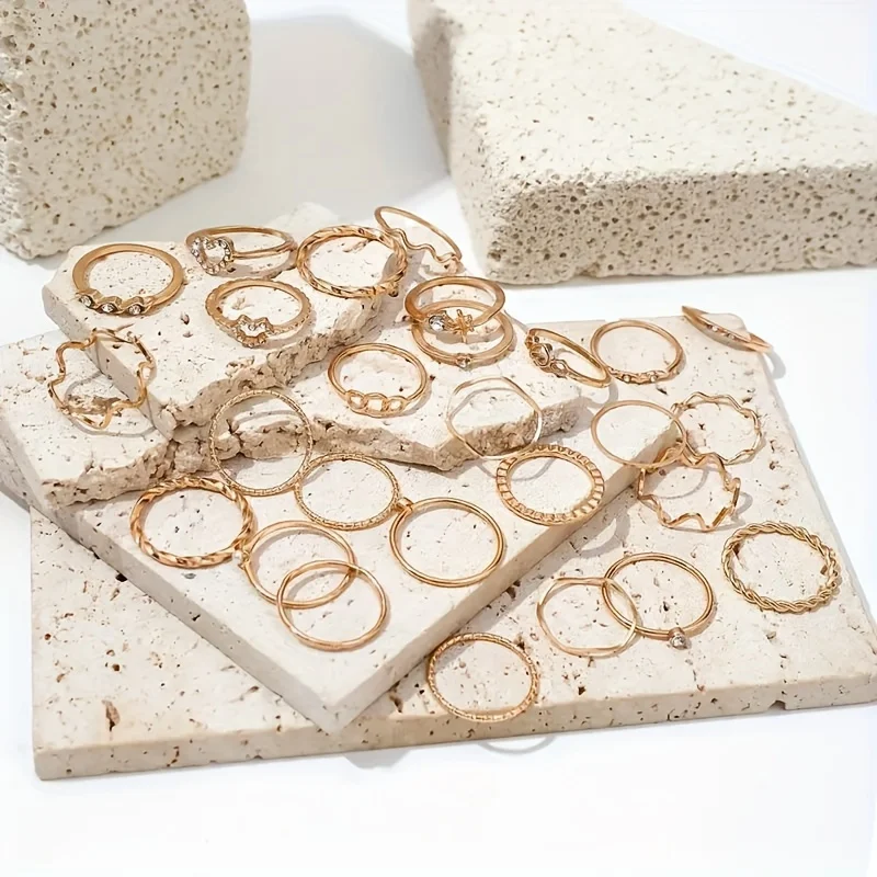 28-teiliges Set aus zarten goldenem Ring aus Zinklegierung, Schmuck, eleganter sexy Stil für Frauen, Sommer-Stapelring – Detail 5