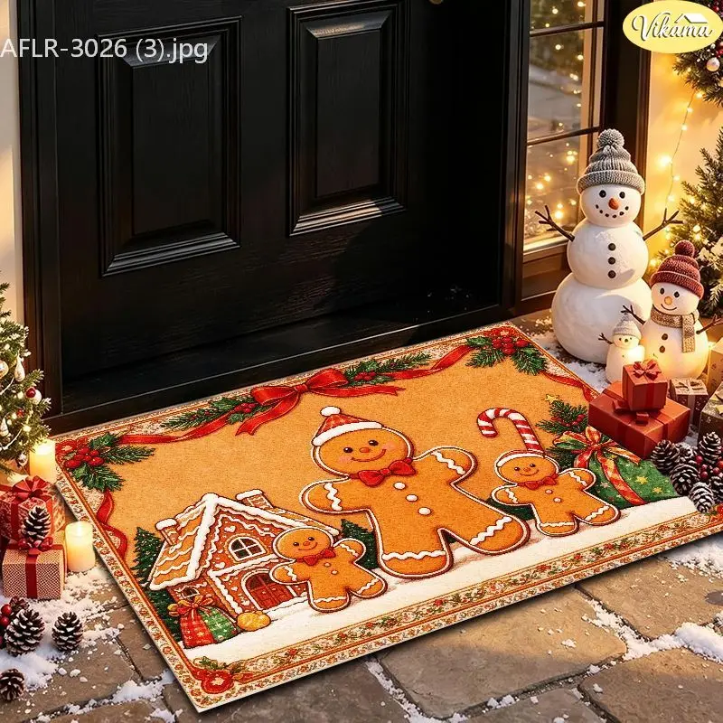 VIKAMA Gingerbread Boy House Candy Stick Crystal Velvet Entry Rug Non Slip Floor Pad for Xmas Warm Cozy Decorative Home Decor