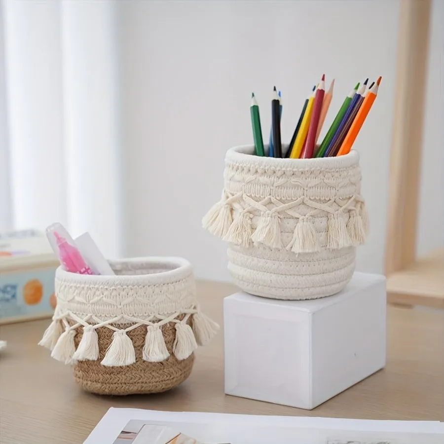 1 Piece of Beautiful Tassel-Style Woven Pen Holder, Round Desktop Storage Basket, Beauty Tool Storage Box, Home Storage Basket