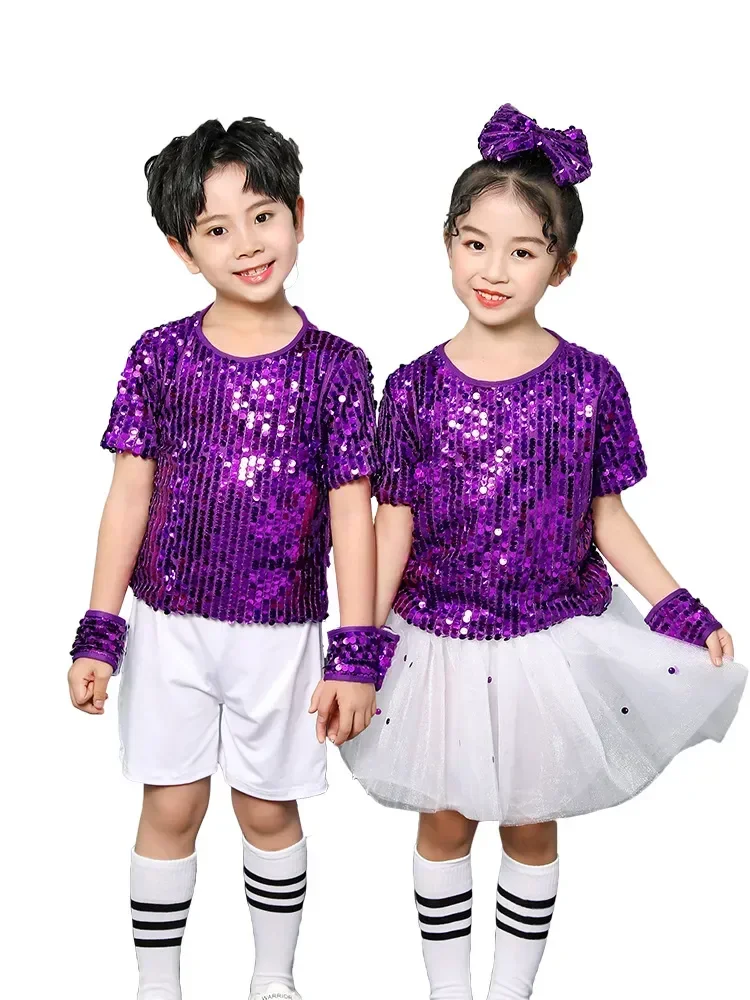 Kinderen Streetdance Wear Lovertjes Paarse Hiphop Jazz Kostuums Kleuterschool Jongens Meisjes Podiumpak Festivalkleding