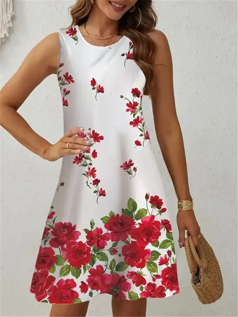 Floral Pattern Women Trend Mini Dresses Summer Sleeveless 3d Flower Printed Street Ladies Dress Casual Dress Y2k Ladies Clothes