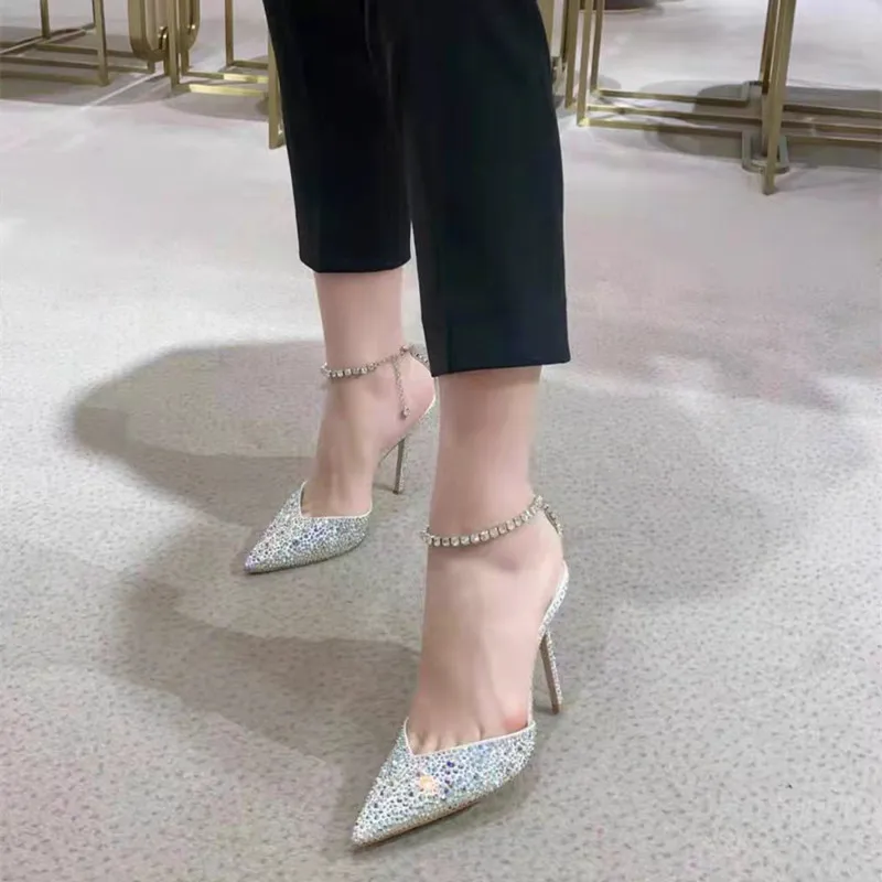 Zapatos de tacón alto de aguja elegantes con correa en el tobillo y lentejuelas con diamantes de imitación de lujo para mujer, zapatos de fiesta de boda de cristal a la moda para primavera y verano