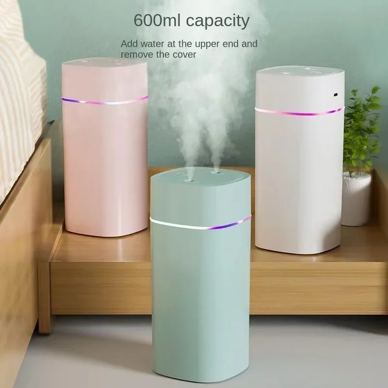 Dual Nozzle USB Humidifier 600ml H Super Mist Ultra Quiet Portable Rechargeable for Car Home Office Bedroom Moisturizing Device