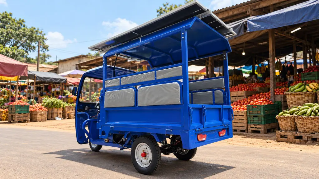 Blue Electric Cargo Tricycle Solar Panel Roof 60 V Electric Utility Three Wheeler For Last Mile Transport