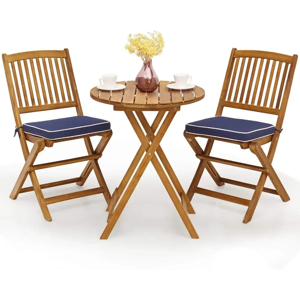 Patio Bistro Set, Wood Folding Table SetCushioned Chairs for Garden Yard, Outdoor Furniture Round Table