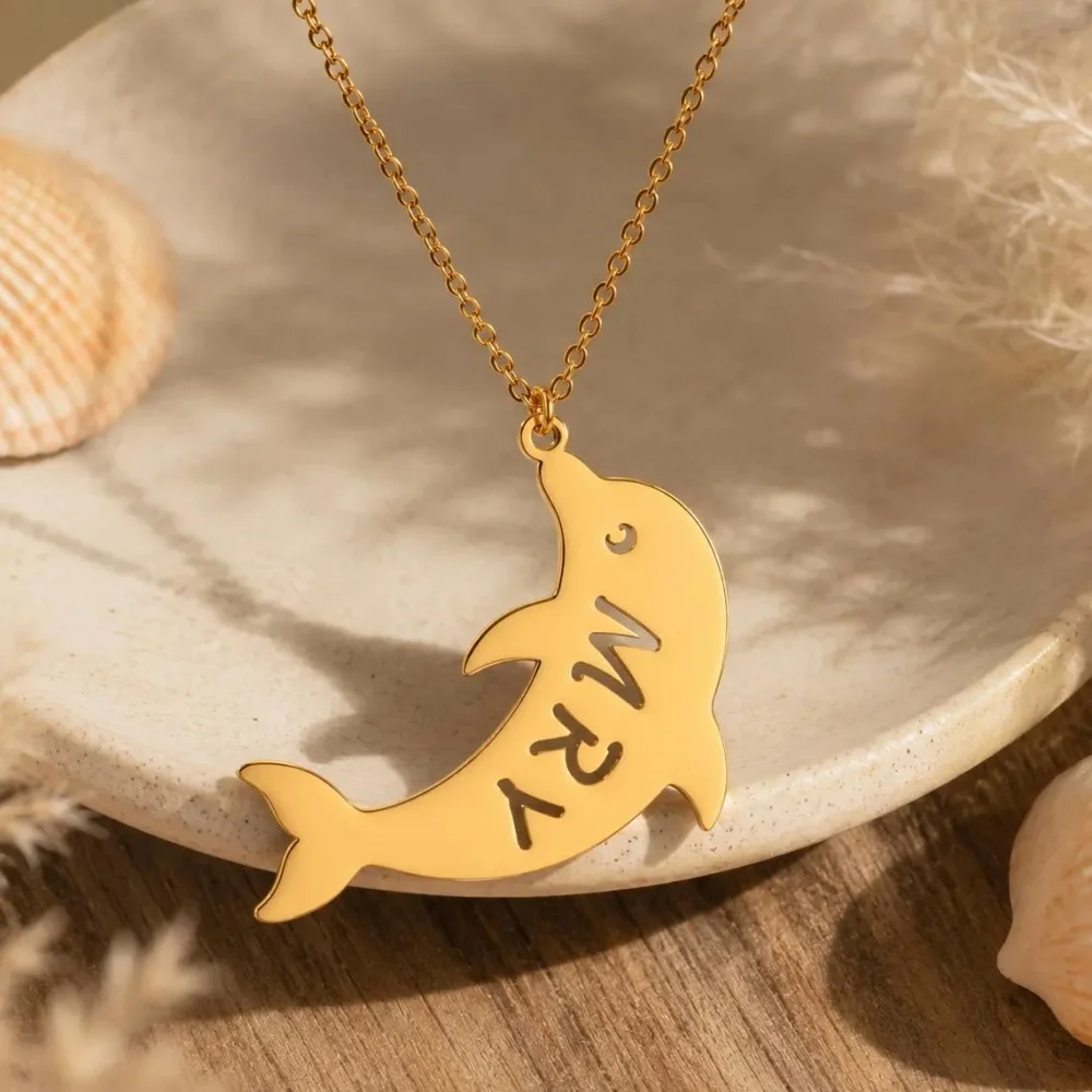 Custom Hollow Name Dolphin Necklace Personalized Nameplate Necklace Stainless Steel Marine Animals Jewelry Gifts For Women