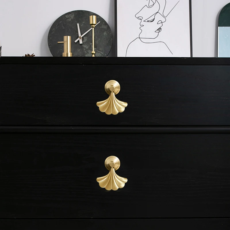 8PCS Solid Brass Ginkgo Leaf Pendant Furniture Handles Drawer Knobs Cupboard Wardrobe Closet Dresser Shoe TV Cabinet Pulls Knobs