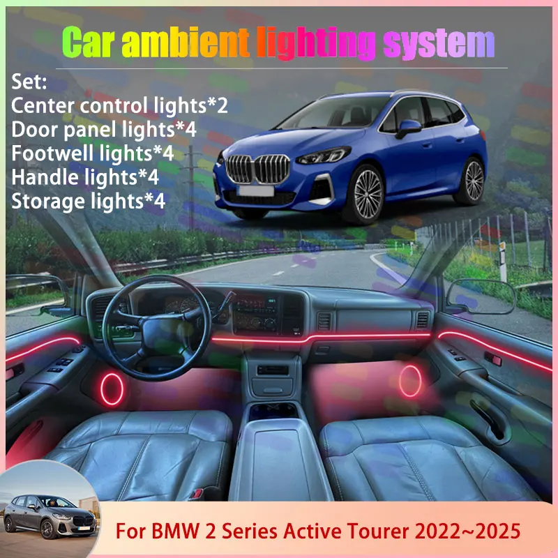

Для BMW 2 серии Active Tourer MK2 U06 2022 ~ 2025 2/18 в 1, автомобильная атмосферная лампа, RGB абажур, ансамбль, стример, атмосферный набор