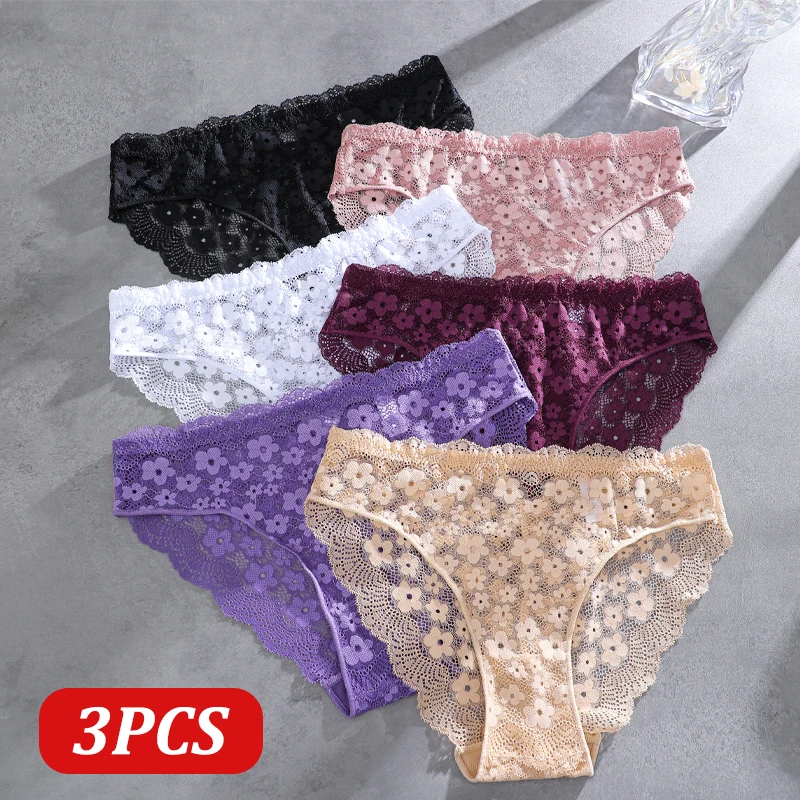 FINETOO 3 Teile/satz Sexy Spitze Slip Set Für Frauen Einfarbig Aushöhlen Low Rise Atmungsaktive Unterwäsche Weibliche Perspektive Dessous