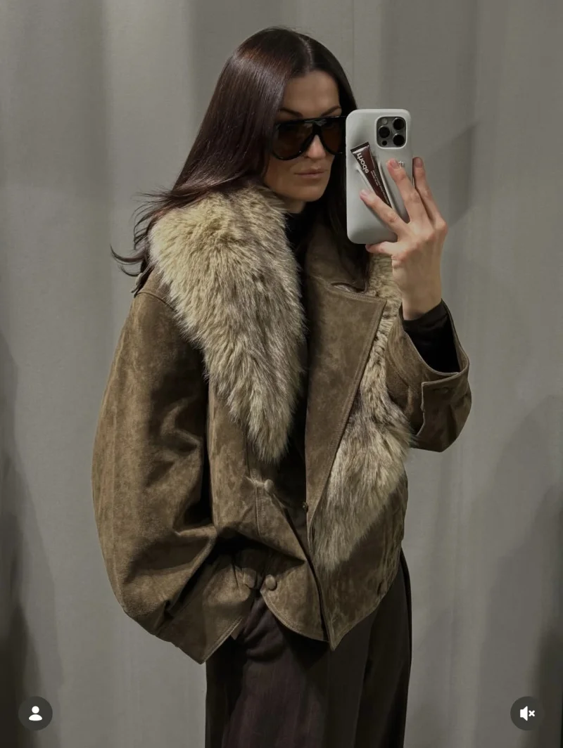 سترة نسائية شتوية جديدة ETJ 2025 قابلة للفصل من الجلد الصناعي مع ياقة كبيرة من الفرو وسترة فضفاضة من جلد الغزال