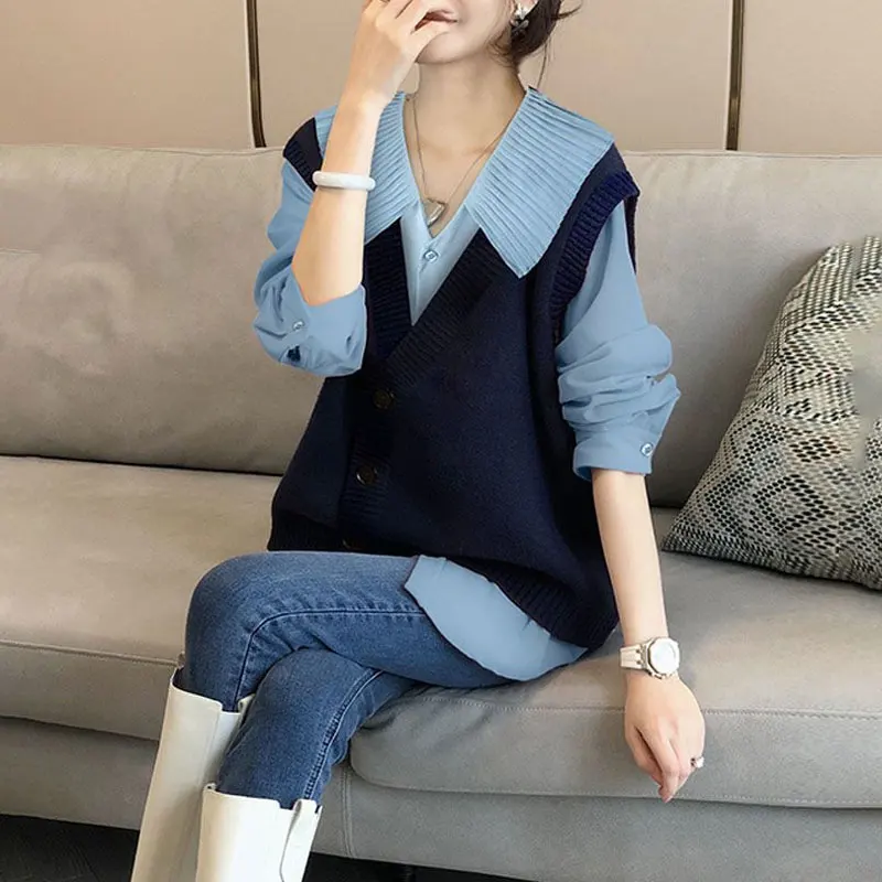 Stylish 2023 Turn-down Collar Casual Single-breasted Blouse Korean V-Neck Knitted Sweater Vest All-match Solid Color Loose Shirt