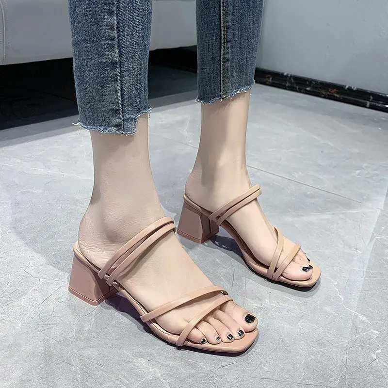 2024 Women High Heel Sandals Summer Casual Female Shoes Woman Square Heel Open Toe Ladies Sandalias Slipper Shoe New