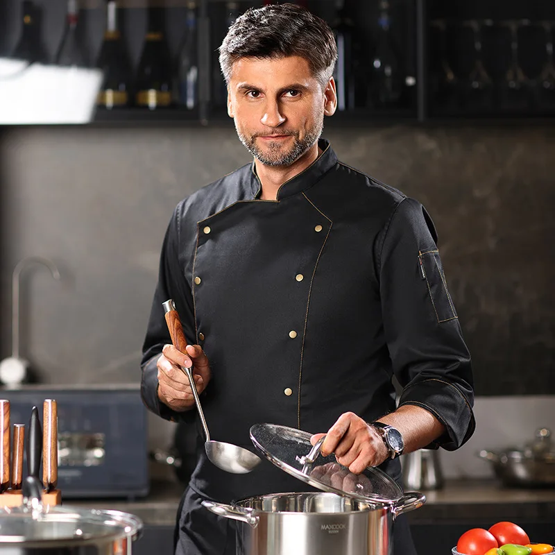 

Мужская рабочая одежда для поваров с открытыми медными кнопками-застежками, подходит для кейтеринга, выпечки, кондитерских работ и изготовления тортов, больших размеров.