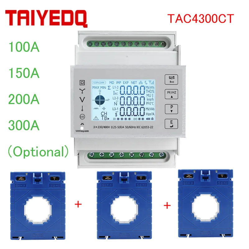 LCD 3PCS 0.5s CT 3 Energy Meter Bidirectional 230VAC(L-N) 2-wire RS485 100A 150A 200A 300A Power Consumption Monitor kWh Meter