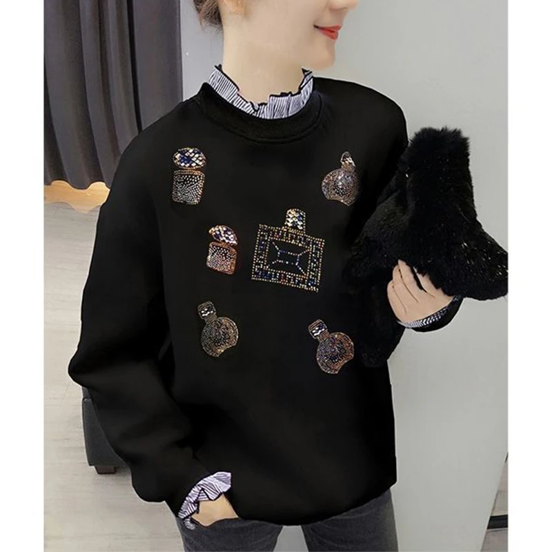 Frühling Herbst reine Baumwolle Diamanten Harajuku Sweatshirt Dame Patchwork lässig y2k weibliche Kleidung Langarm Mode Tops Frauen