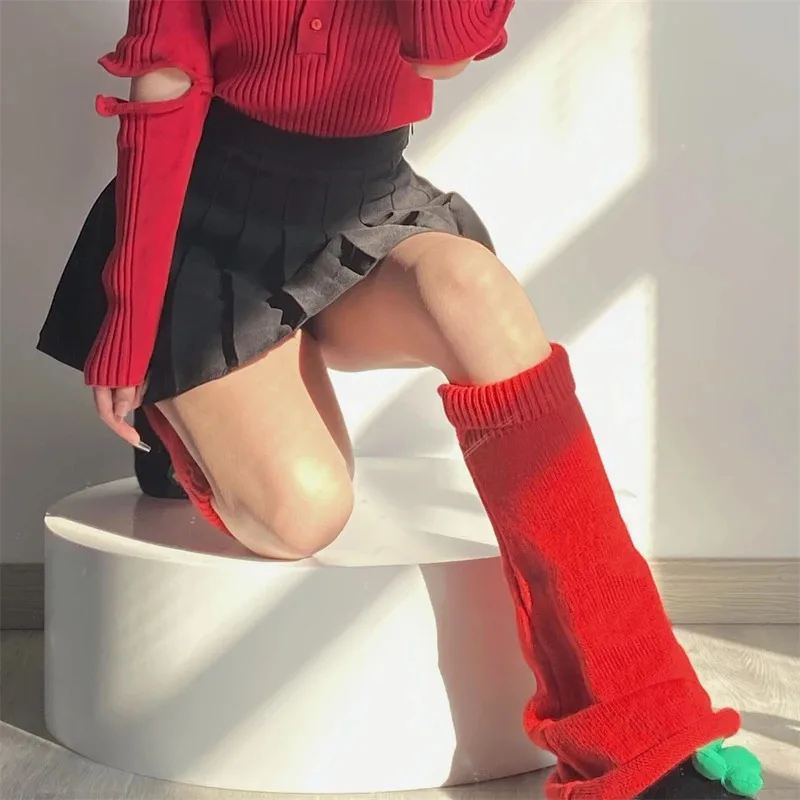 المرأة الأحمر تدفئة الساق طويلة محبوك غطاء للقدم موضة الشتاء طماق الجوارب اليابانية Y2K التمهيد الأصفاد تأثيري اكسسوارات