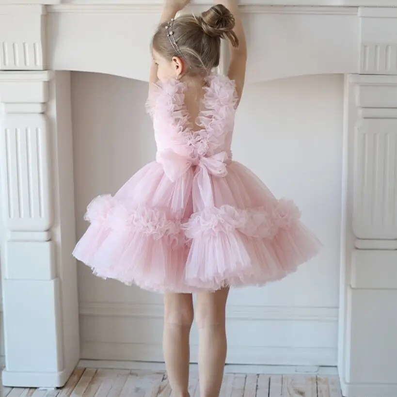 Leuke Roze Bloem Meisje Jurk Puffy Meisjes Wedding Party Jurken Kindje Verjaardag Pageant Jurk