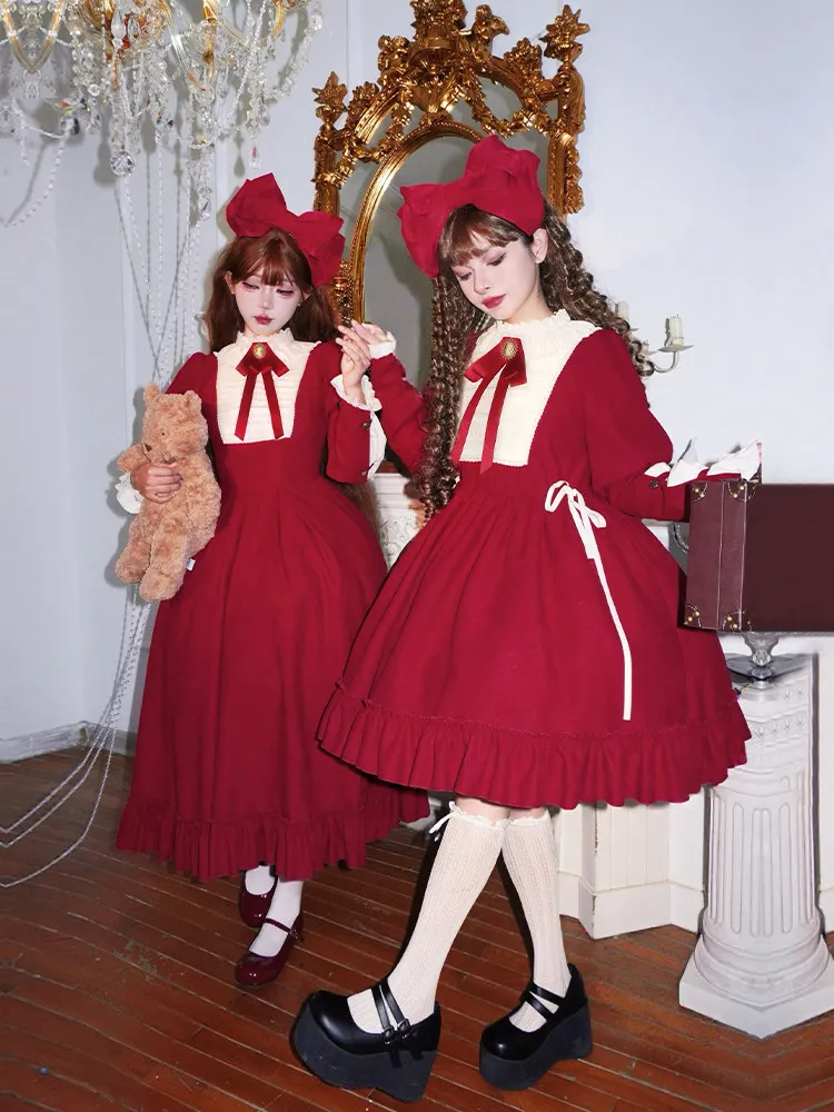 

Women's Red Vintage Lolita Dress Elegant Long Sleeve Ruffle Midi/maxi Dress With Bow Christmas Party Sweet Gothic Fashion