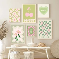 Boho Green Heart Fashion Wall Art Colourful Cherry Pink Green Canvas Painting Flower Market Cozy Living Room Gallery Poster