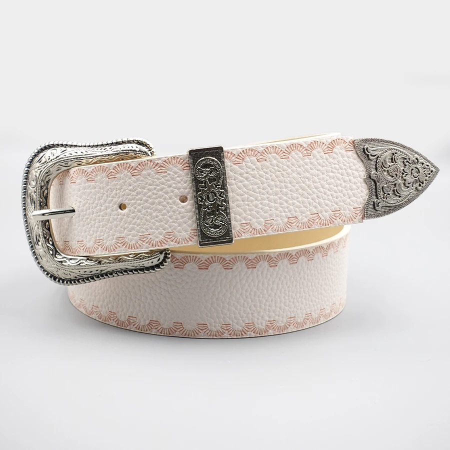 White Border Women's Belt, Solid Color Casual Printed Belt, Silver Carved Alloy Buckle, Suitable for Daily Commuting and Dating