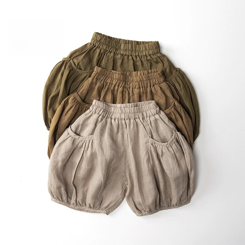 

2025 Summer New Style Cool and Breathable Pure Ramie Pumpkin Pants for Boys and Girls, Baby Five-Point Mid-Length Shorts.