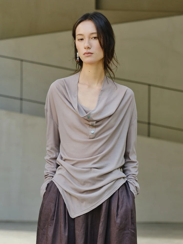 

Pure Cotton SEMICIRCLE Women's Artistic Spring Casual Loose T-irt Irregular Hemline Long Sve Top for Ladies