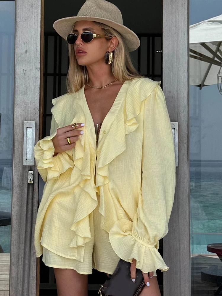 

JULISSA MO V-neck Single Breasted Ruffles Cardigan Women Shirt Yellow Flare Sleeve Cardigan Shirt Autumn Loose Casual Streetwear