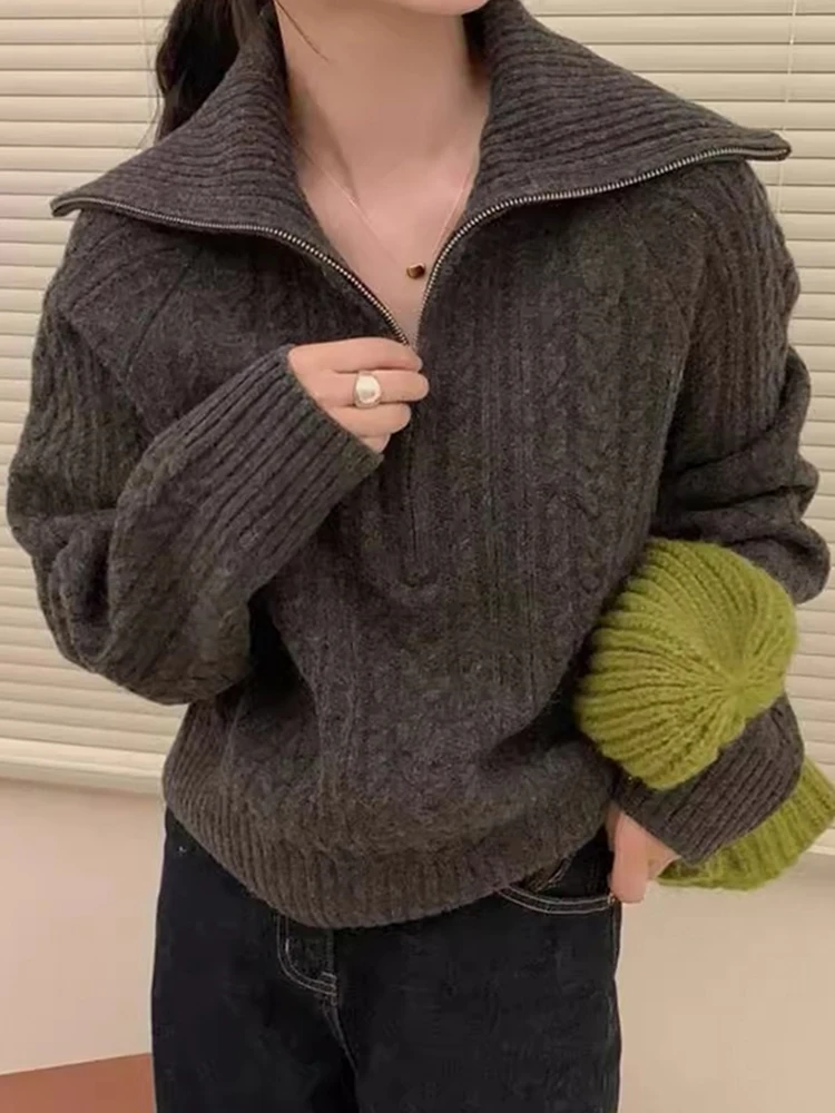 Pull en laine tricoté rétro paresseux automne hiver nouveau Gentle f Zip Long Sve Top Ele Faionable femmes Camere...