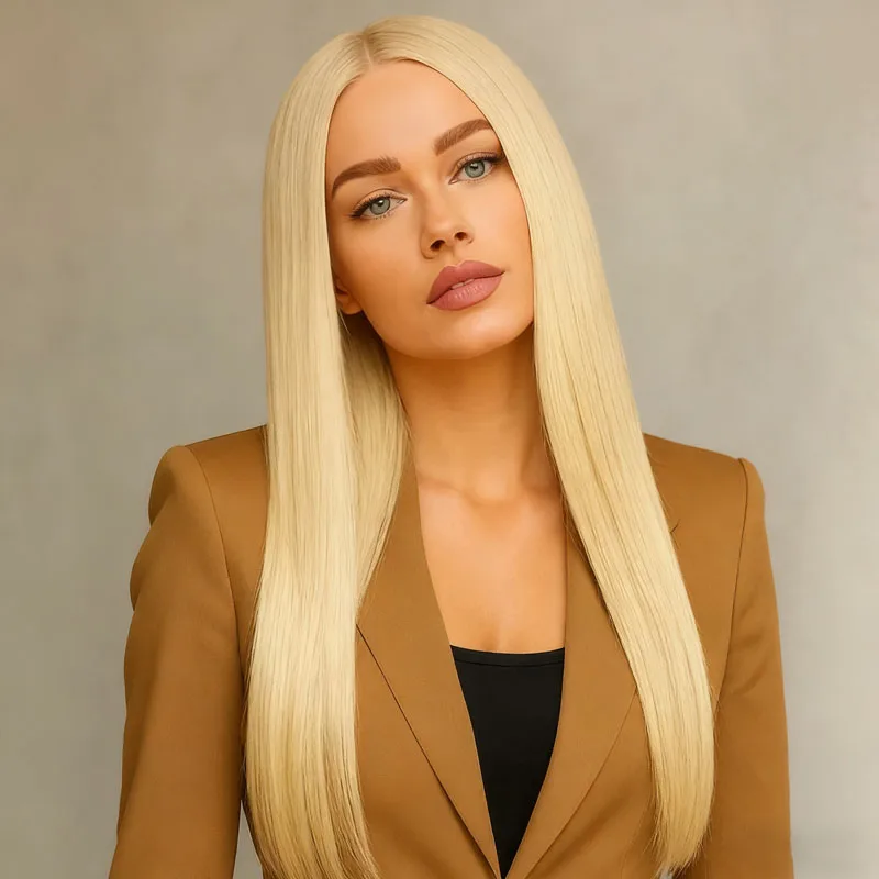 باروكة صناعية مستقيمة ذهبية مقاس 28 بوصة للسيدات عصرية وأنيقة ومناسبة لارتداء الحفلات اليومية