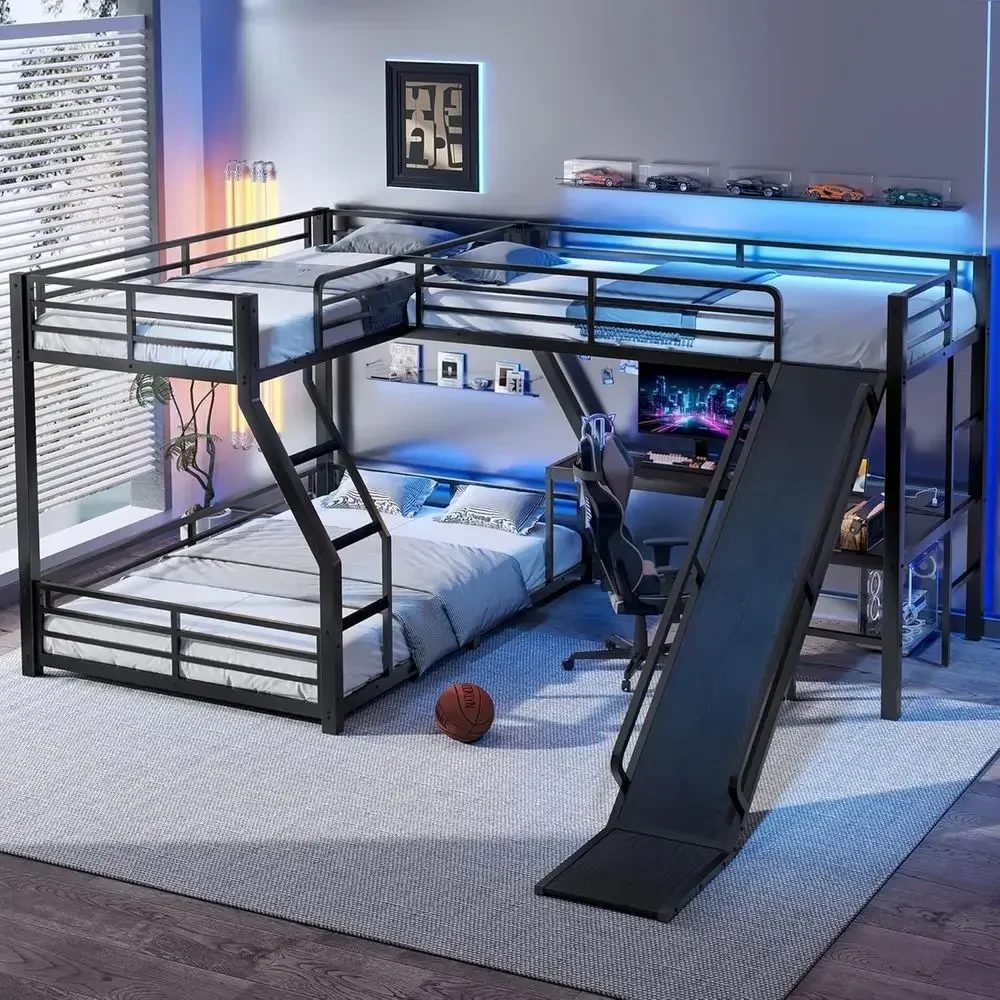 L-Shaped Twin Over Full Bunk Bed with Twin Loft Bed, Metal Triple Bunk Bed with Slide, USB Ports and Desk, Space-Saving and Nois