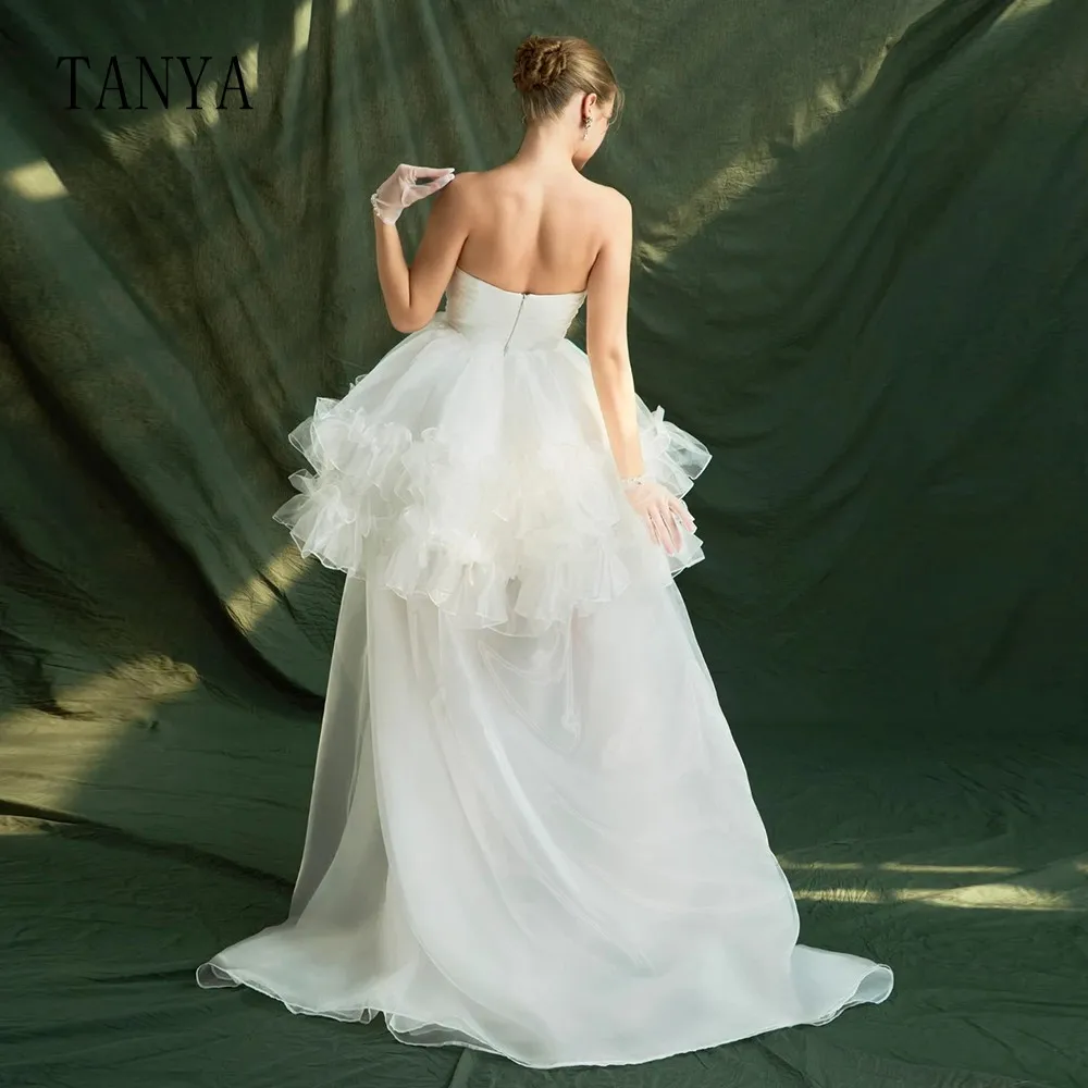 Fashion High Low Wedding Dress With Detachable Tail Strapless Sleeveless Sweep Train Bridal Dress Simple Organza Bridal Gown