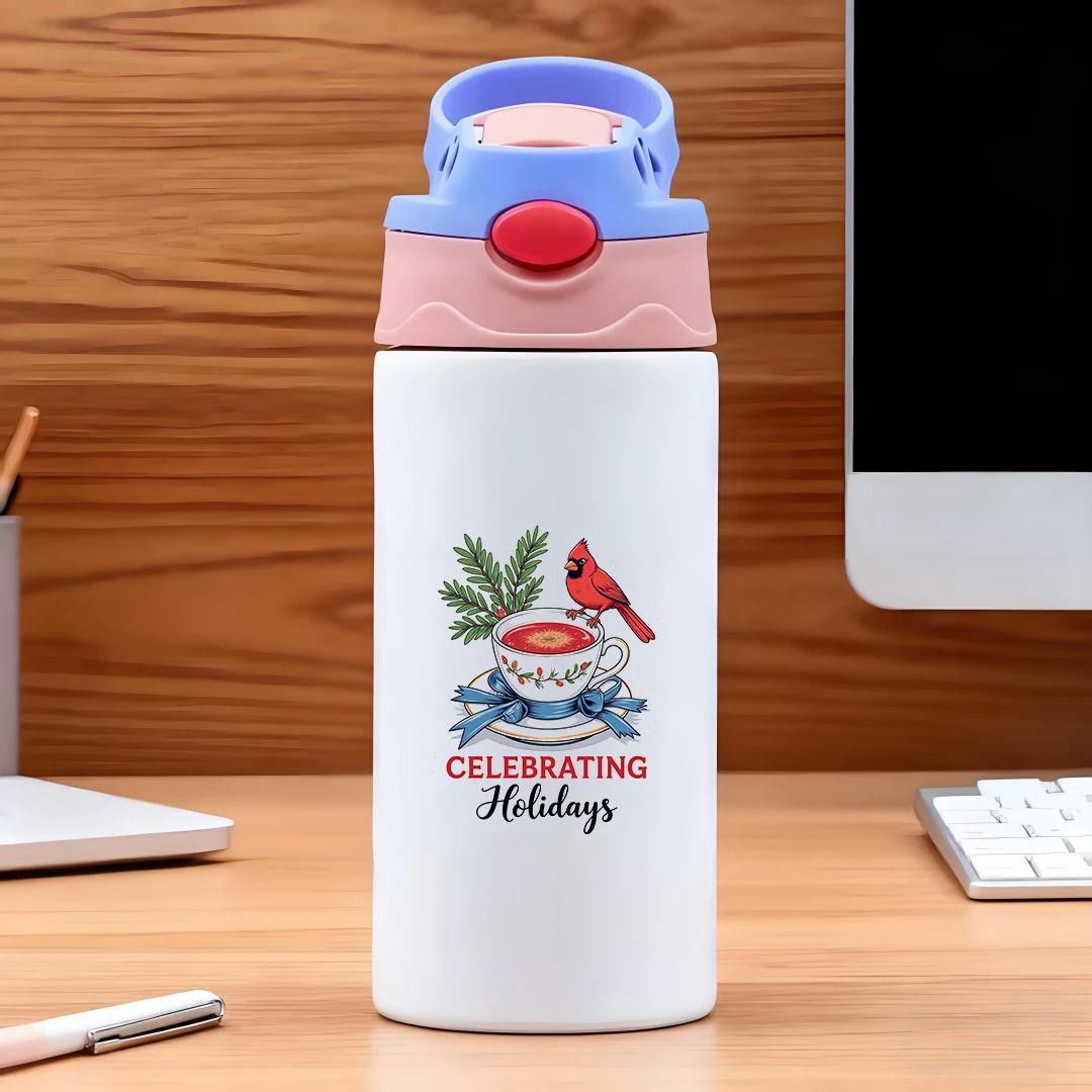 304 الفولاذ المقاوم للصدأ كوب معزول الكرتون الأحمر الطيور فنجان شاي النباتات الخضراء Bowknot الديكور الأطفال كوب بقشة هدية الكريسماس #2