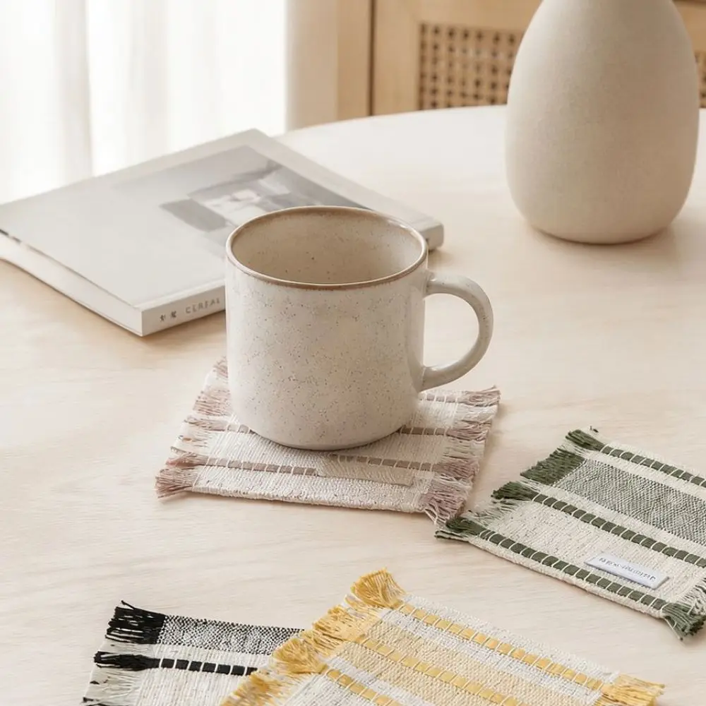 Striped Tassel Coaster Cotton Linen Heat Insulation Mat Wabi Sabi Decor Minimalist Table Pad For Tea Coffee Mug