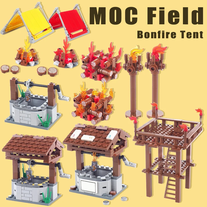 MOC 중세 시리즈 블록 플레임 페더 캠핑 우드 파일 모닥불 텐트 풀 관찰 데크 액세서리 브릭 장난감