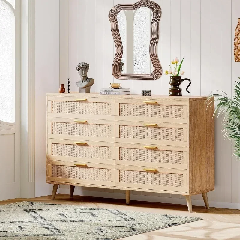 # 6 Drawer Double Dresser For Bedroom, Rattan Chest Of Dressers, Modern Wooden Dresser Chest With Golden Handles, Beside Table