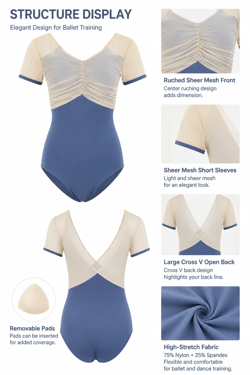 Women Ballet Leotard Sheer Mesh Short Sleeve Ruched Front Cross V Open Back Removable Pads Stretch Dance Bodysui
